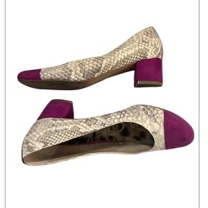 Sam Edelman Two Tone Cap Toe Purple Suede Block Heel Cream Snake Embossed Pump